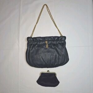 Vintage 1960s Morris Markowitz‎ Navy Leather Evening Bag Gold Chain + Coin Purse